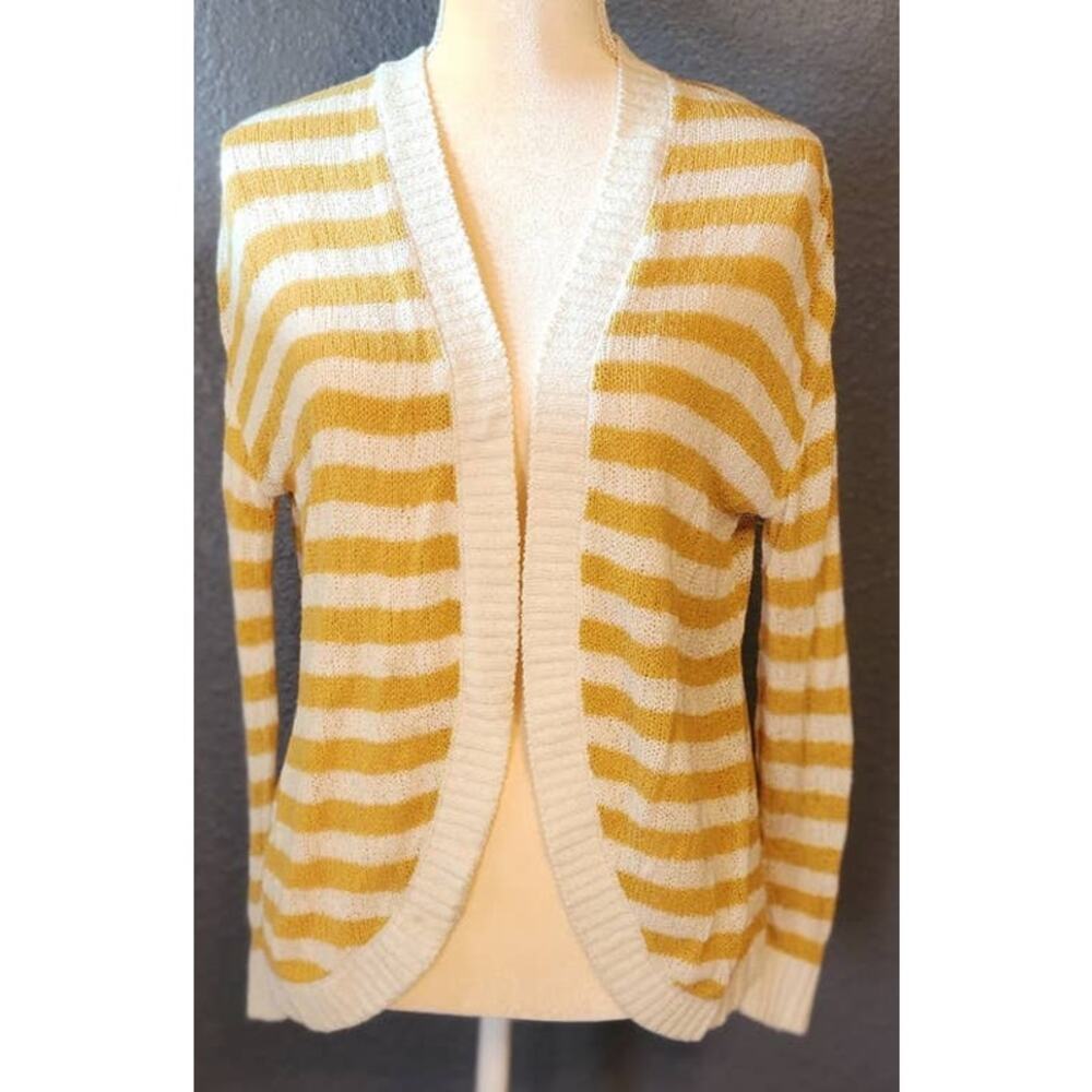 De Collection Mustard Yellow White Striped Open Front Cardigan Beachy Small